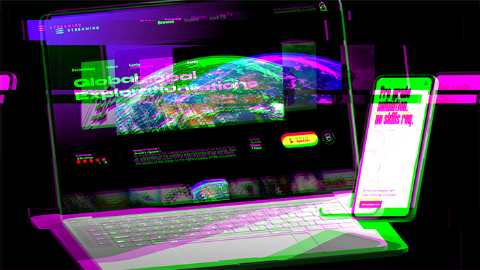 Distorted glitch image of laptop and mobile device