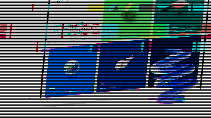 Distorted glitch image of open laptop on white background with a decorative blue spring object