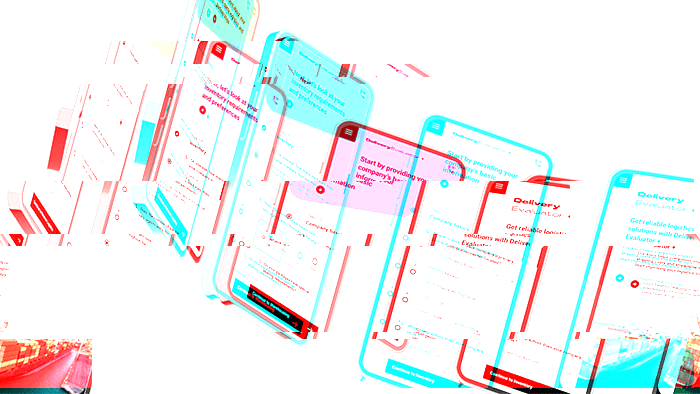 Distorted glitch image of five mobile devices curving around a circle