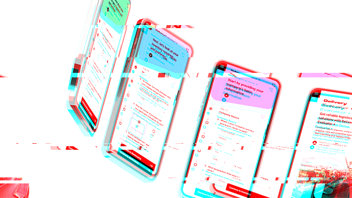 Distorted glitch image of five mobile devices curving around a circle