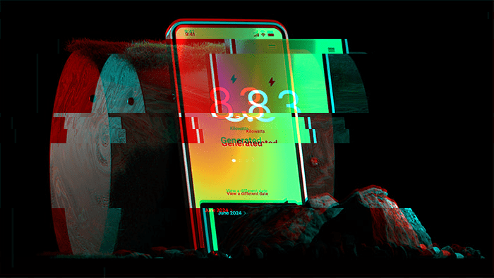 Distorted glitch image of mobile device leaning against a wooden log