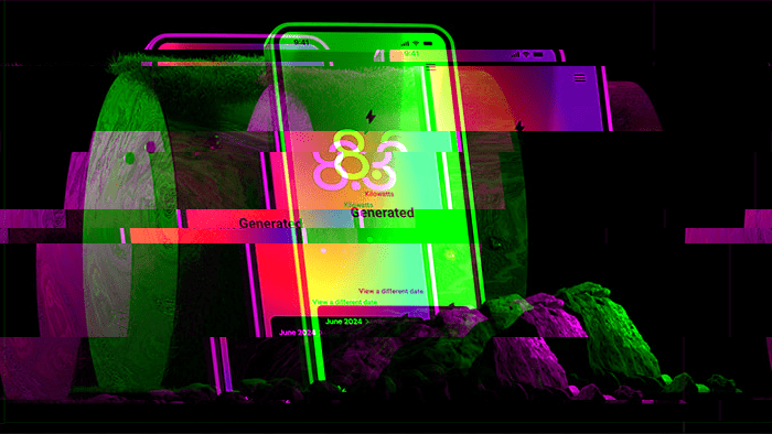 Distorted glitch image of mobile device leaning against a wooden log