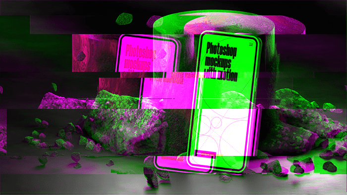 Distorted glitch image of mobile device leaning against an upright wooden log