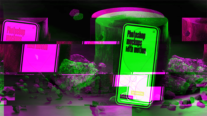 Distorted glitch image of mobile device leaning against an upright wooden log