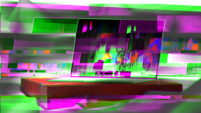 Distorted glitch image of laptop on industrial red plinth