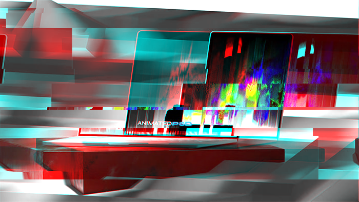Distorted glitch image of laptop on industrial red plinth