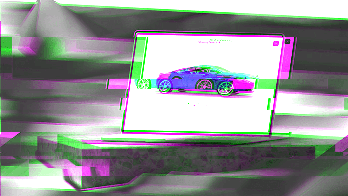 Distorted glitch image of laptop on terrazzo plinth