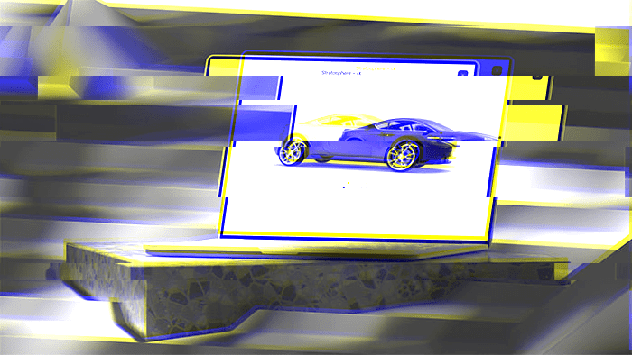 Distorted glitch image of laptop on terrazzo plinth