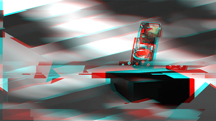 Distorted glitch image of mobile device on black plinth