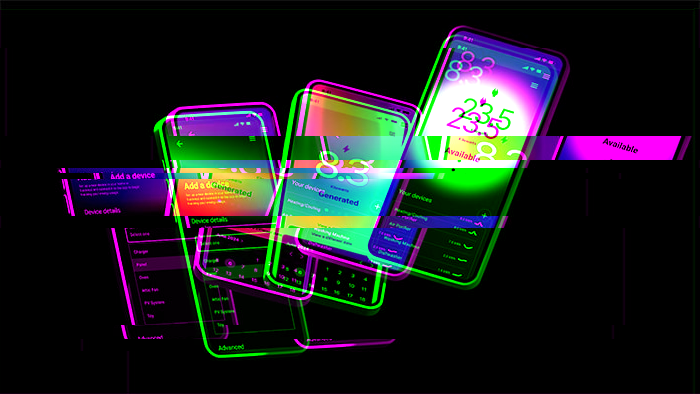 Distorted glitch image of three mobile devices floating on a dark background