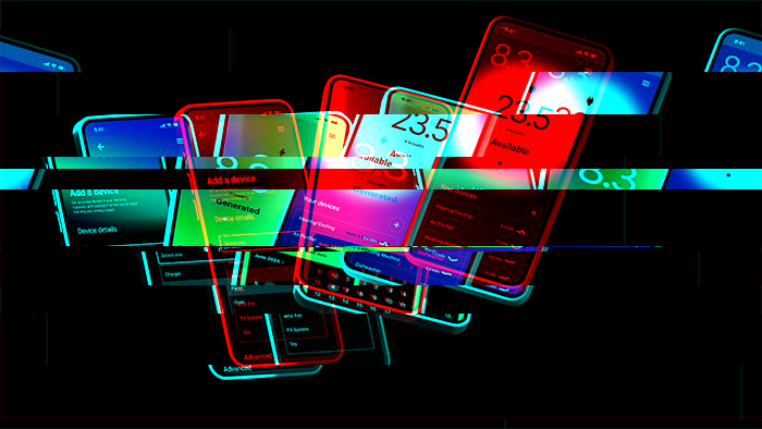 Distorted glitch image of three mobile devices floating on a dark background