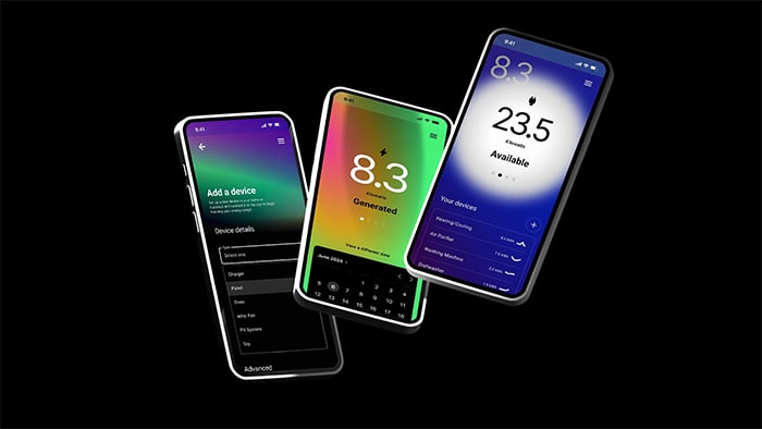 Three mobile devices floating on a black background