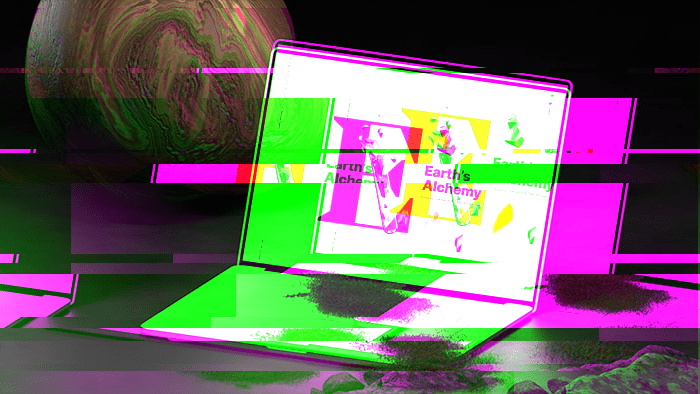 Distorted glitch image of laptop sitting on hard surface with  moss growing on it.