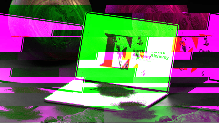 Distorted glitch image of laptop sitting on hard surface with  moss growing on it.