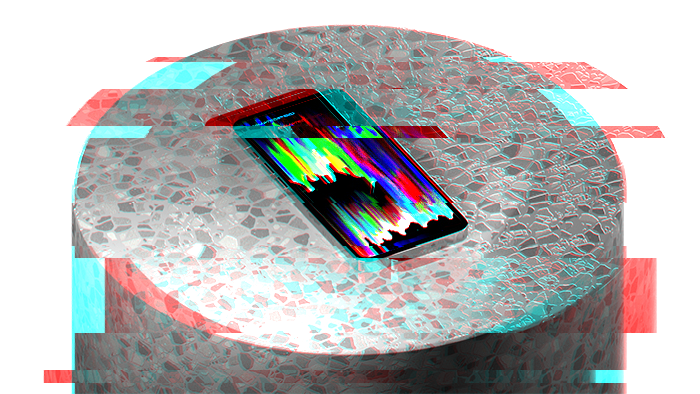 Distorted glitch image of mobile device sitting on terrazzo plinth