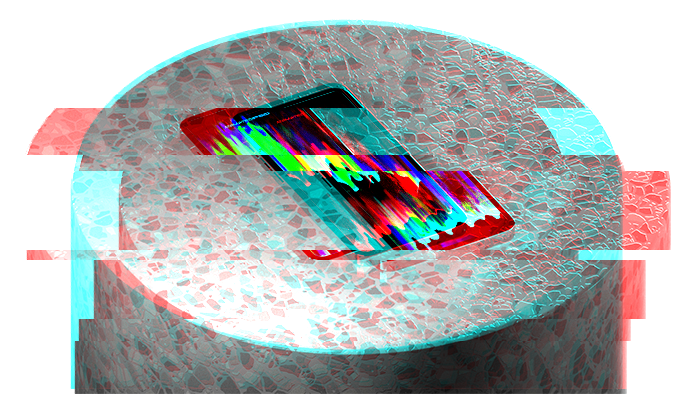 Distorted glitch image of mobile device sitting on terrazzo plinth
