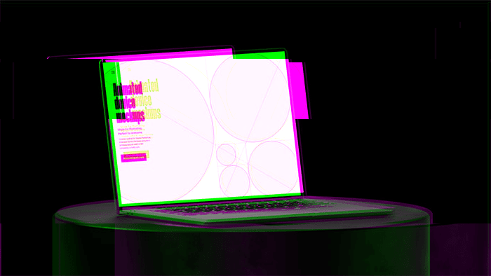Distorted glitch image of laptop sitting on cylindrical black plinth