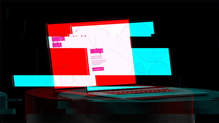 Distorted glitch image of laptop sitting on cylindrical black plinth