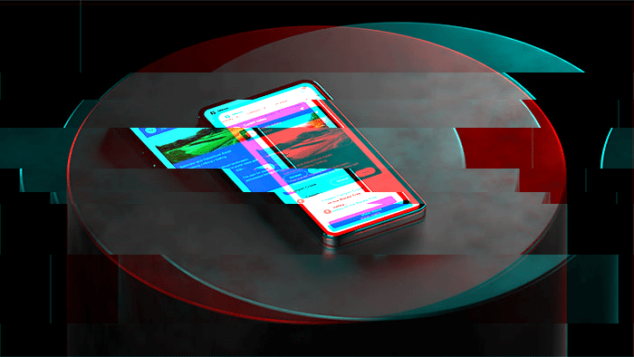Distorted glitch image of mobile device sitting on cylindrical black plinth