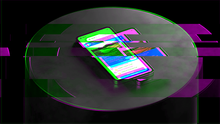 Distorted glitch image of mobile device sitting on cylindrical black plinth
