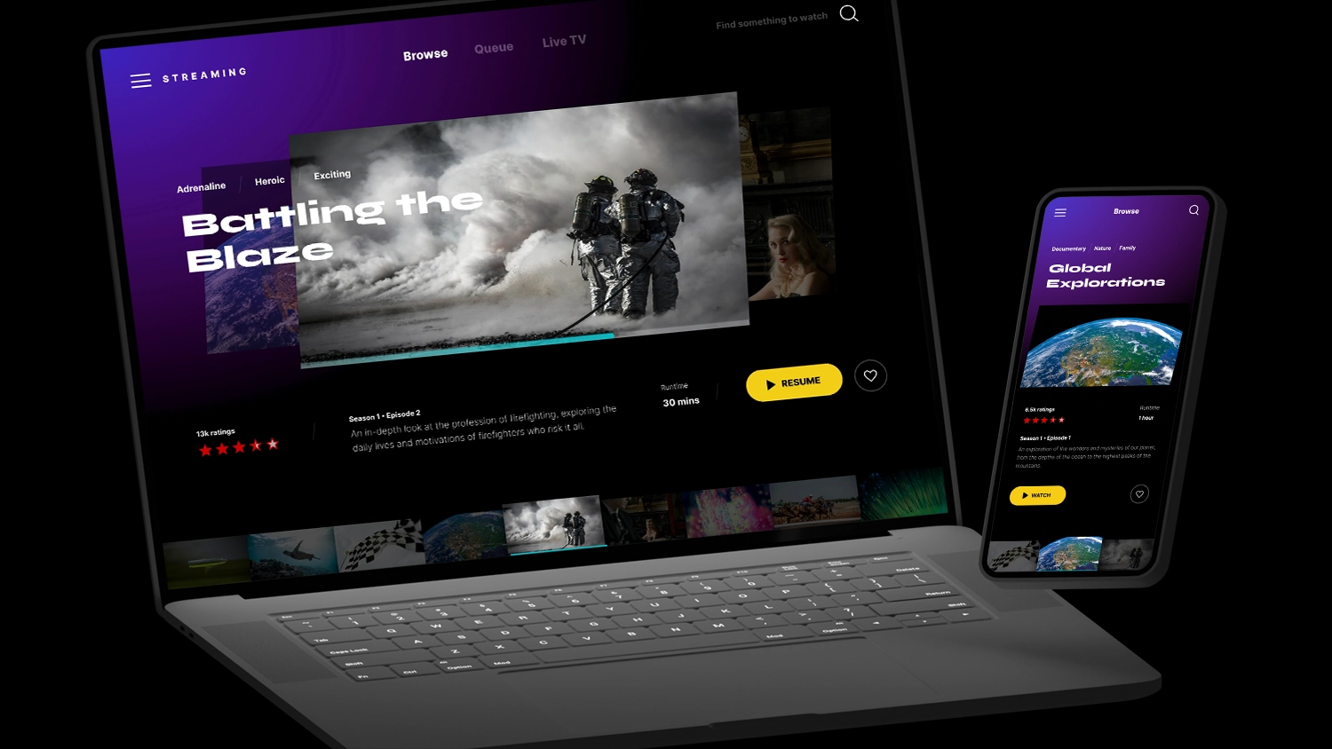 Laptop and mobile device with light streaming from behind on a black background