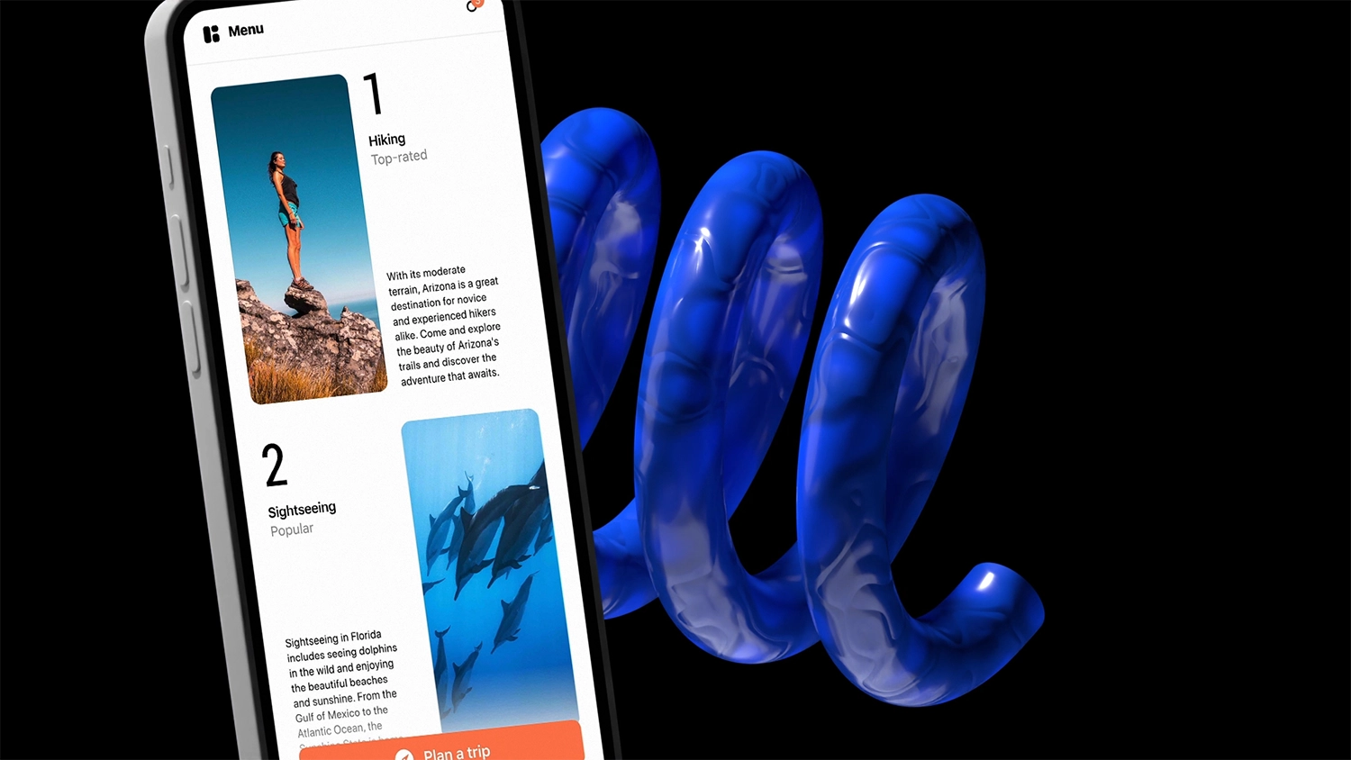 Closeup of a mobile device on a dark background with a decorative blue spring behind it