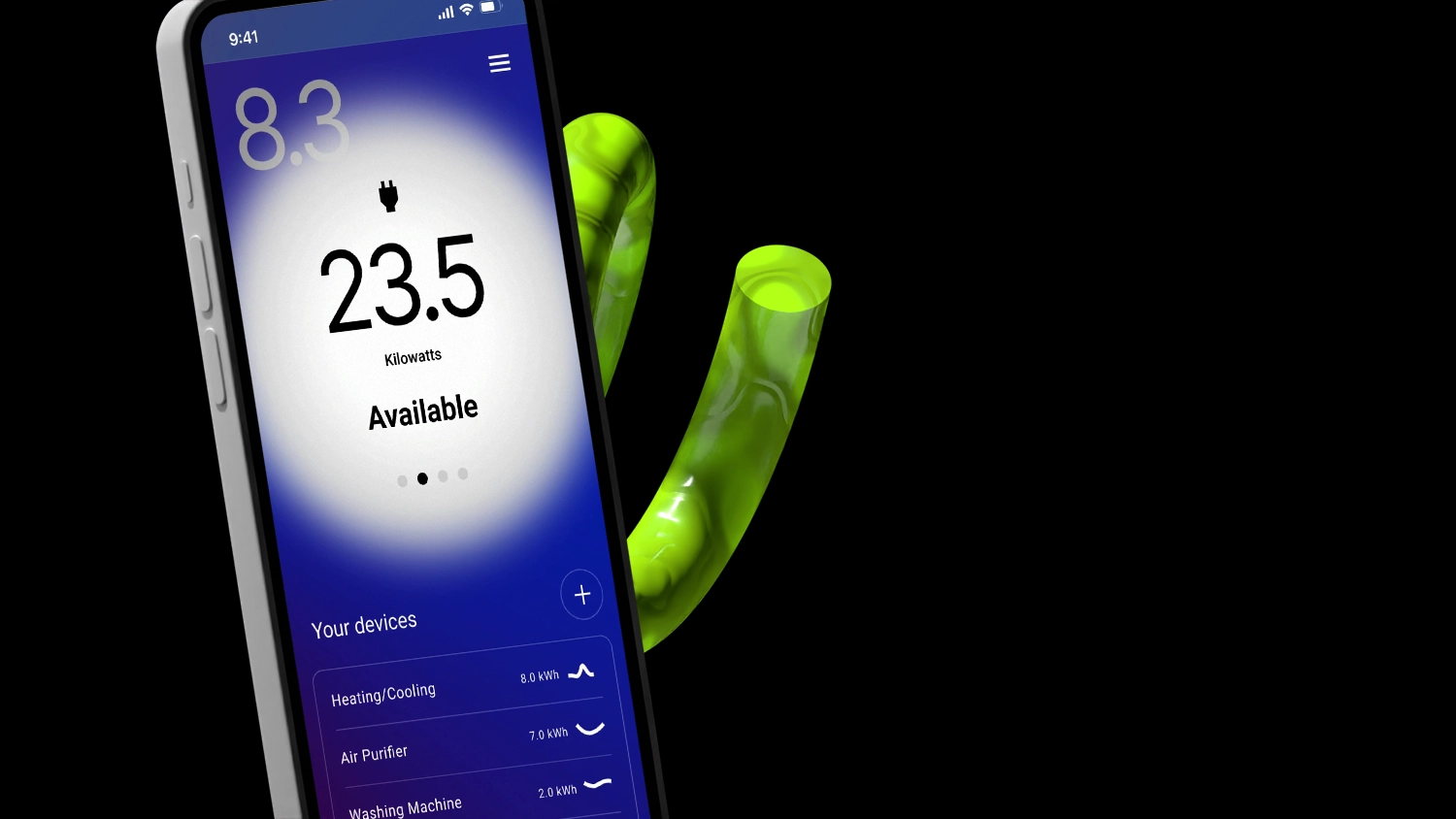 Closeup of a mobile device on a dark background with a decorative lime green spring behind it