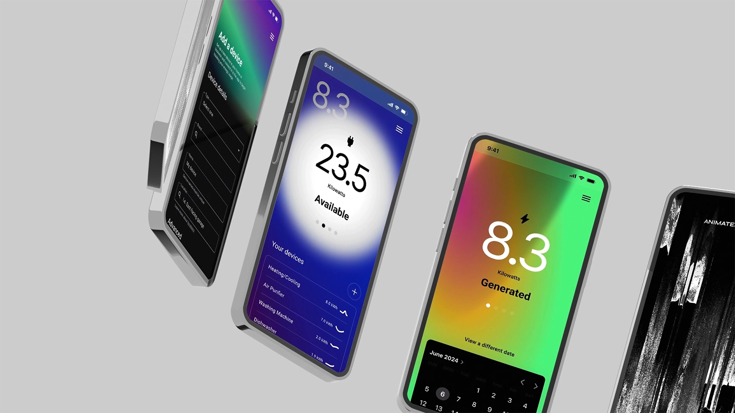 Five mobile devices curving around a circle on a white background