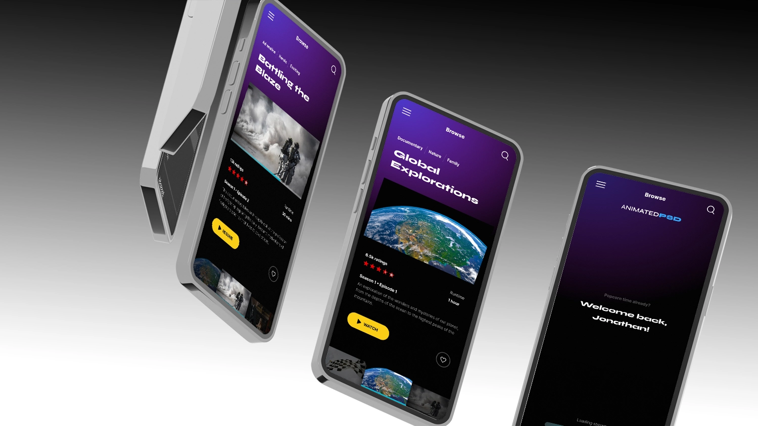 Five mobile devices curving around a circle with a black to white gradient in the background
