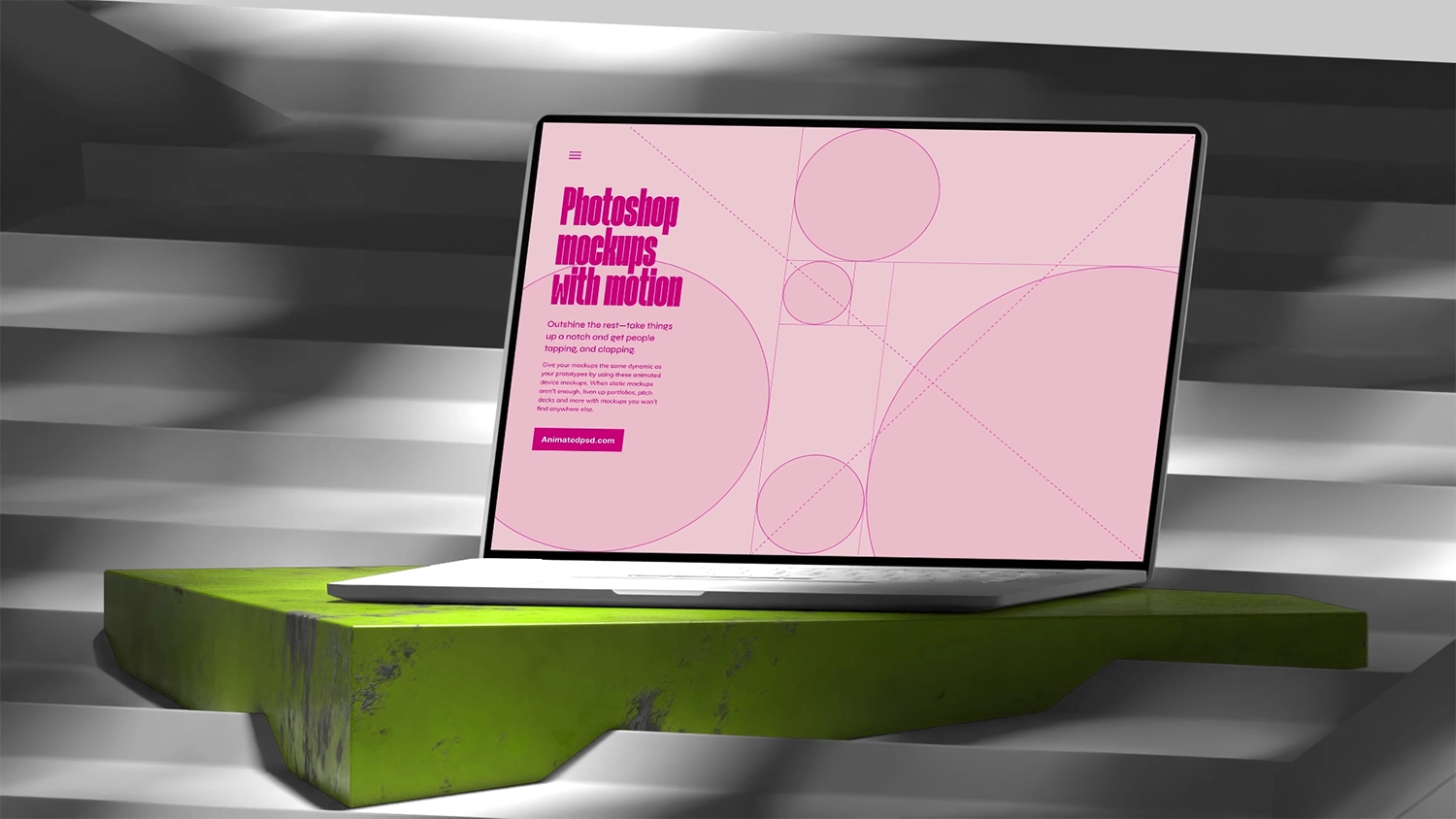 Open laptop sitting on lime green plinth and on steps with shadows cast all around