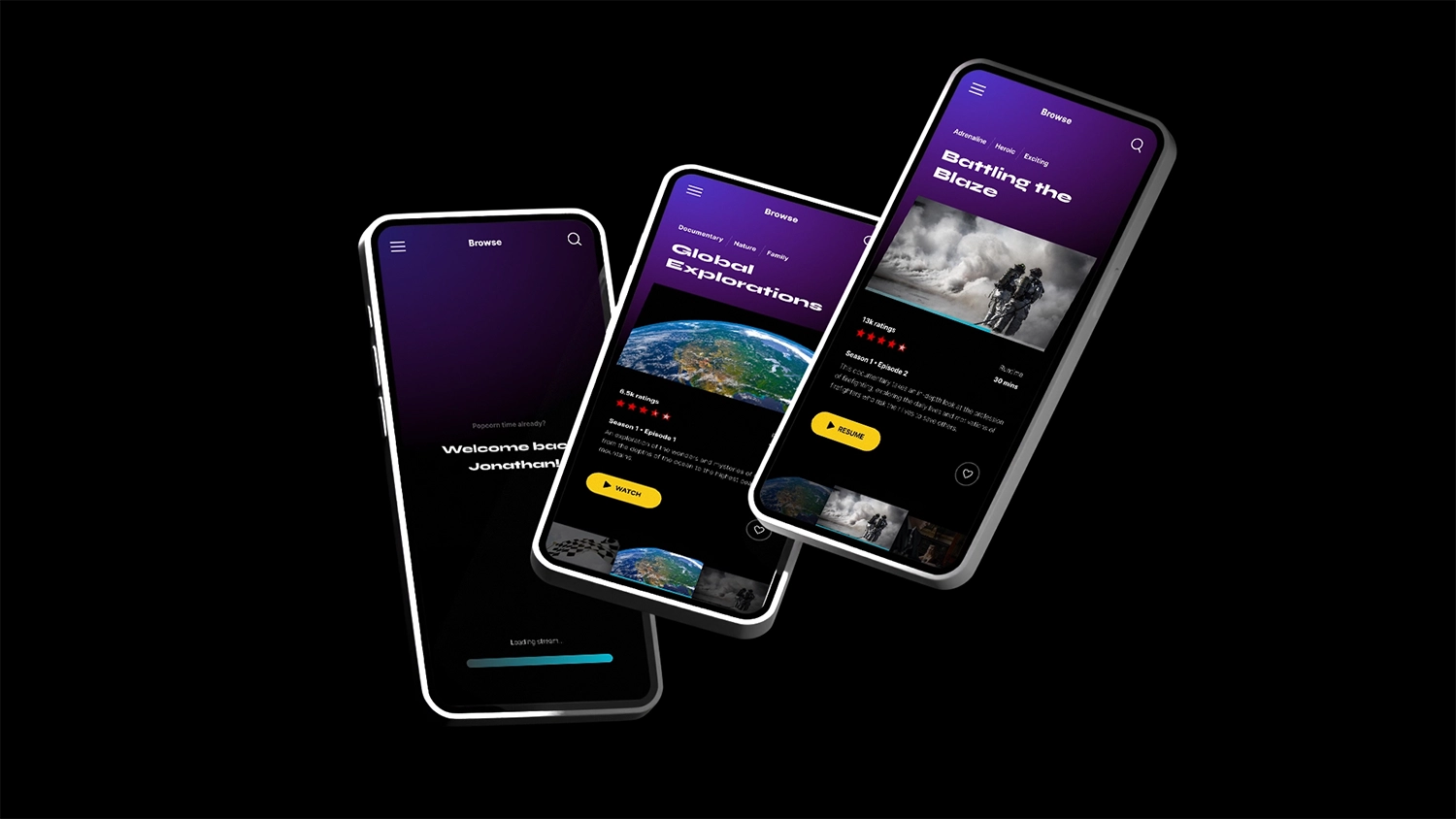 Three mobile devices floating on a black background