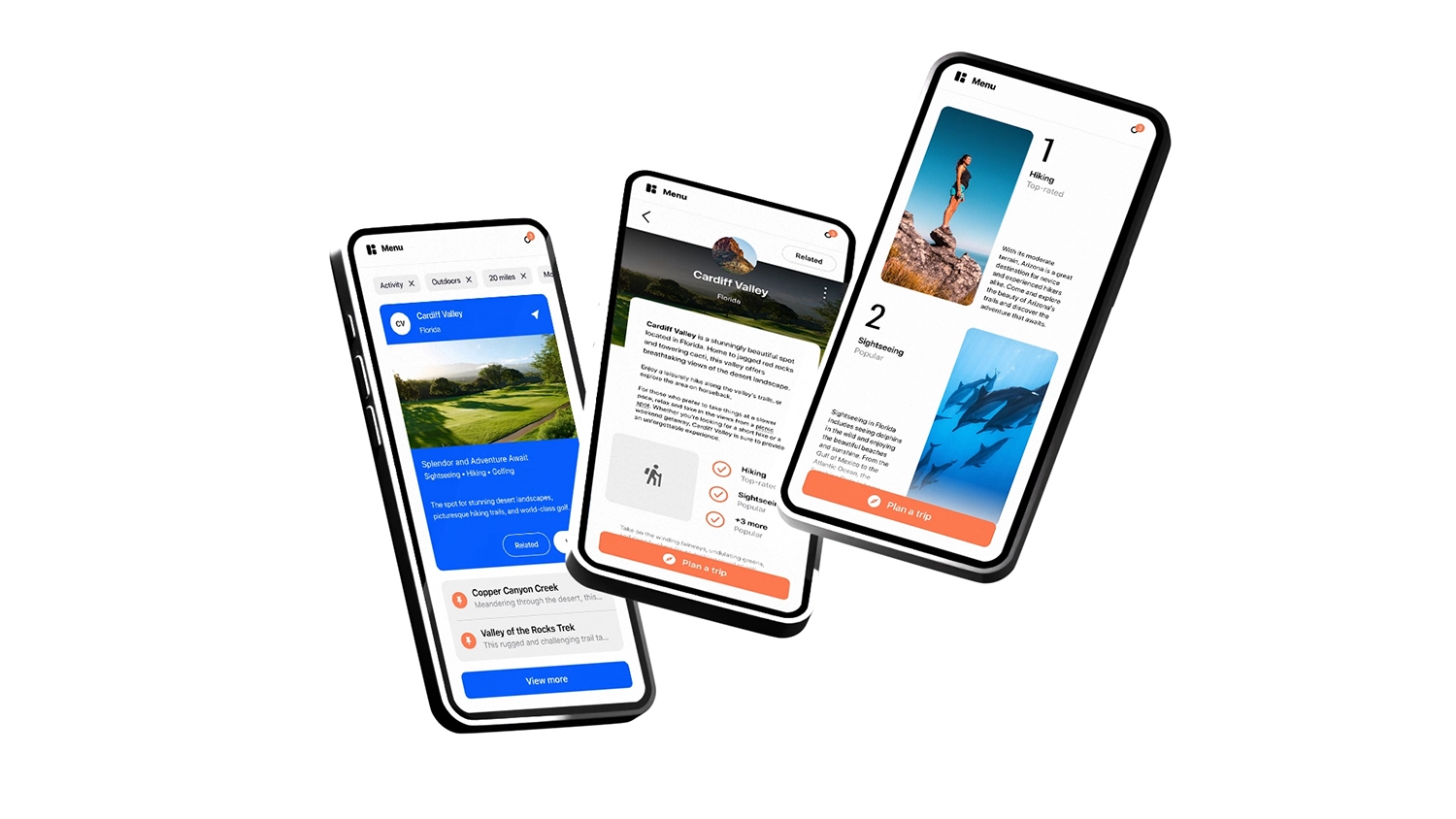Three mobile devices floating on a white background