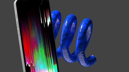 Closeup of a mobile device on a dark grey background with a decorative blue spring behind it