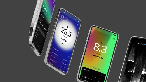 Five mobile devices curving around a circle on a dark grey background