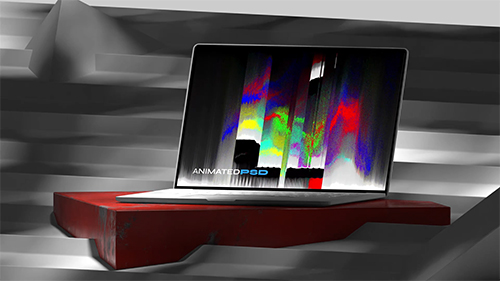 Open laptop sitting on red plinth and on steps with shadows cast all around